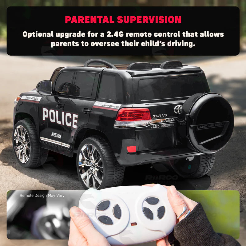 A toy Land Cruiser Police car for kids with a built-in speaker system to play siren sounds