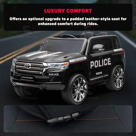 A licensed, kid-friendly Toyota Land Cruiser Police car with bright, attention-grabbing lights and sound effects