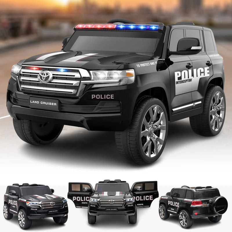 A child-sized Toyota Land Cruiser Police car designed for kids, featuring official police decals and lights.