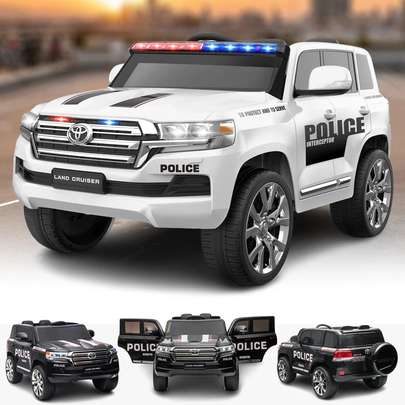 A battery-operated Toyota Land Cruiser Police car for kids, with working sirens and flashing lights.