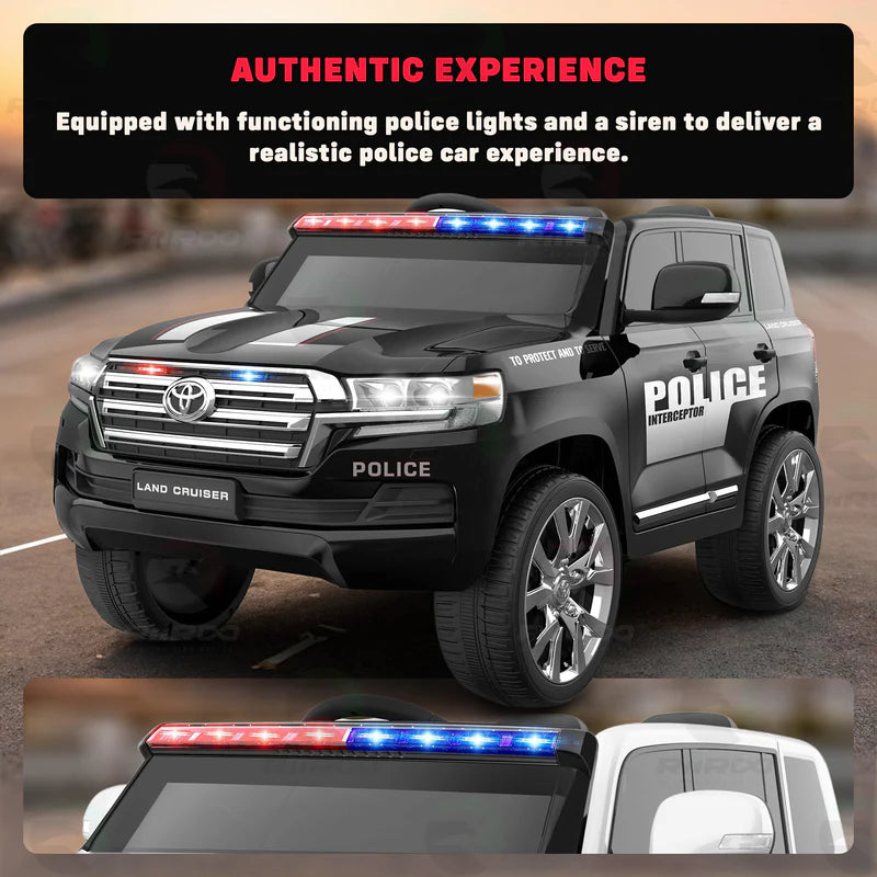 A realistic, licensed kids' toy car modeled after a Toyota Land Cruiser Police vehicle, perfect for little adventurers.